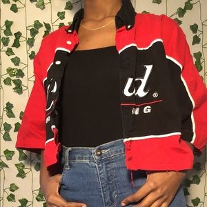 WINNERSCIRCLE red and black cropped mens button up